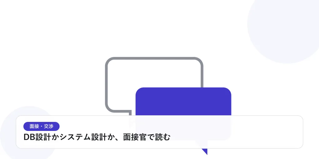 2つの吹き出しが重なり合う様子で、面接や交渉での対話を表したイラストに「DB設計かシステム設計か、面接官で読む」という見出しを添えたアイキャッチ画像