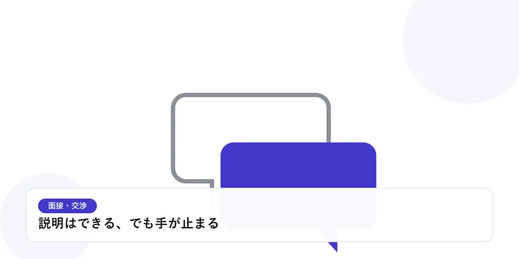 2つの吹き出しが重なり合う様子で、面接や交渉での対話を表したイラストに「説明はできる、でも手が止まる」という見出しを添えたアイキャッチ画像